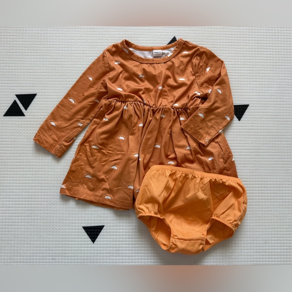 Shein|Baby girl Mustard Orange patterned long sleeve Dress with Diaper Cover•••